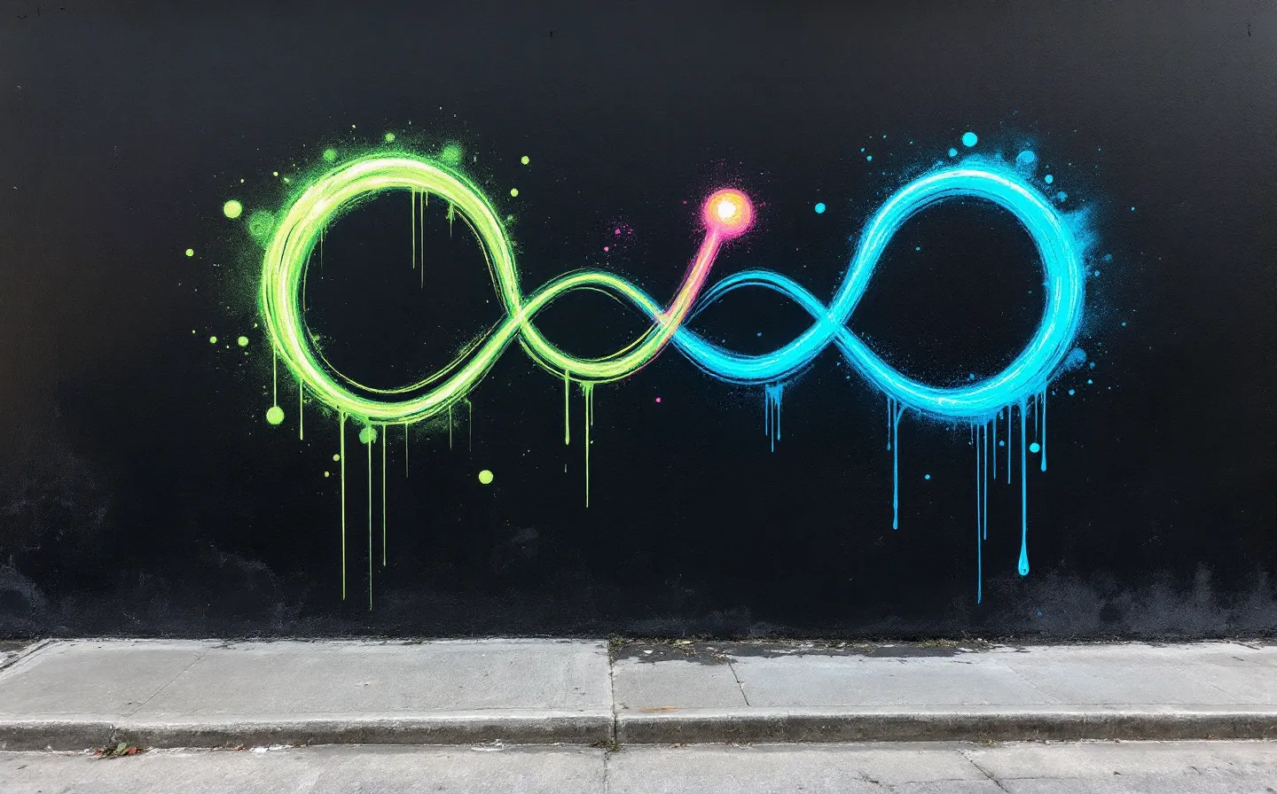 A sprayed street-wall two-tag emblem of a neon-green coiled peptide and an electric-blue heptapeptide loop with paint drips on a dark concrete ground